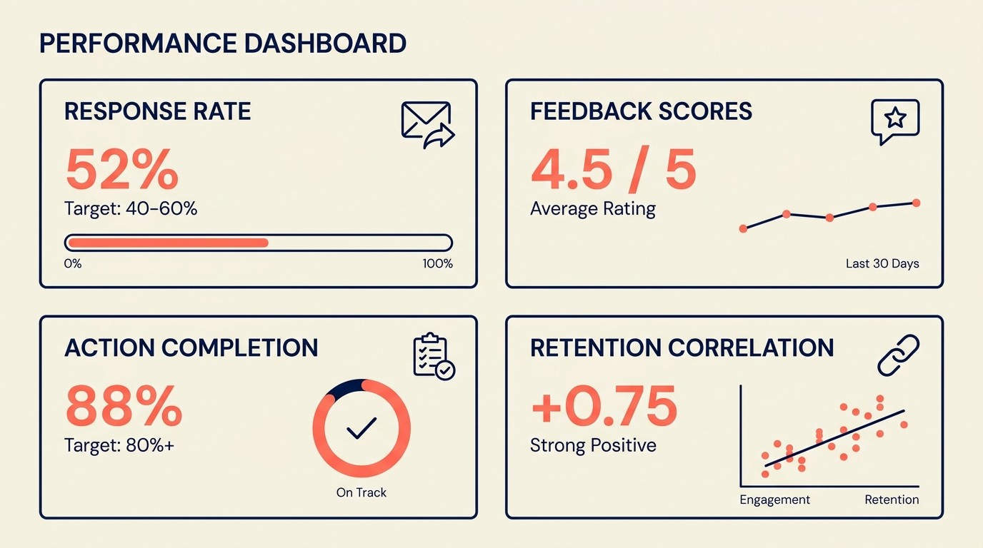 Metrics dashboard tracking response rates, score trends, action completion, and retention impact