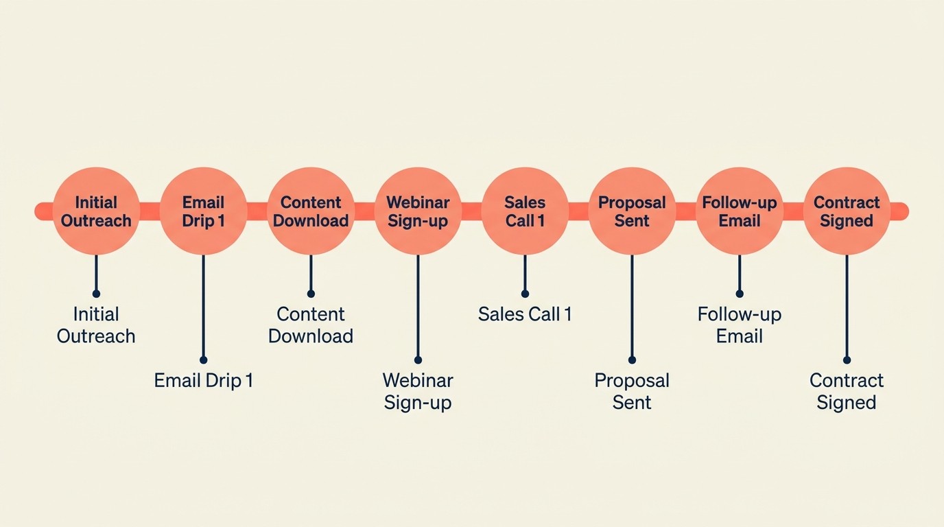 Annotated timeline showing pulse, CSAT, QBR, NPS, and annual review touchpoints across engagement phases