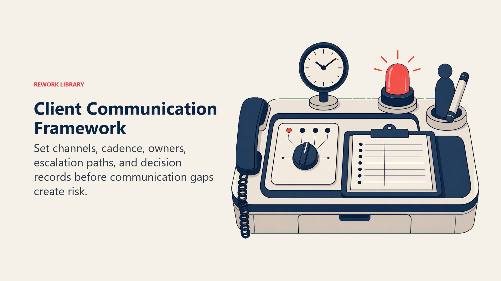 Client Communication Framework visual showing a compact communication control desk with channel switch