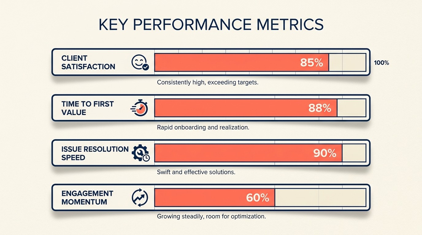 Key onboarding success metrics including satisfaction scores, time to first value, and momentum indicators