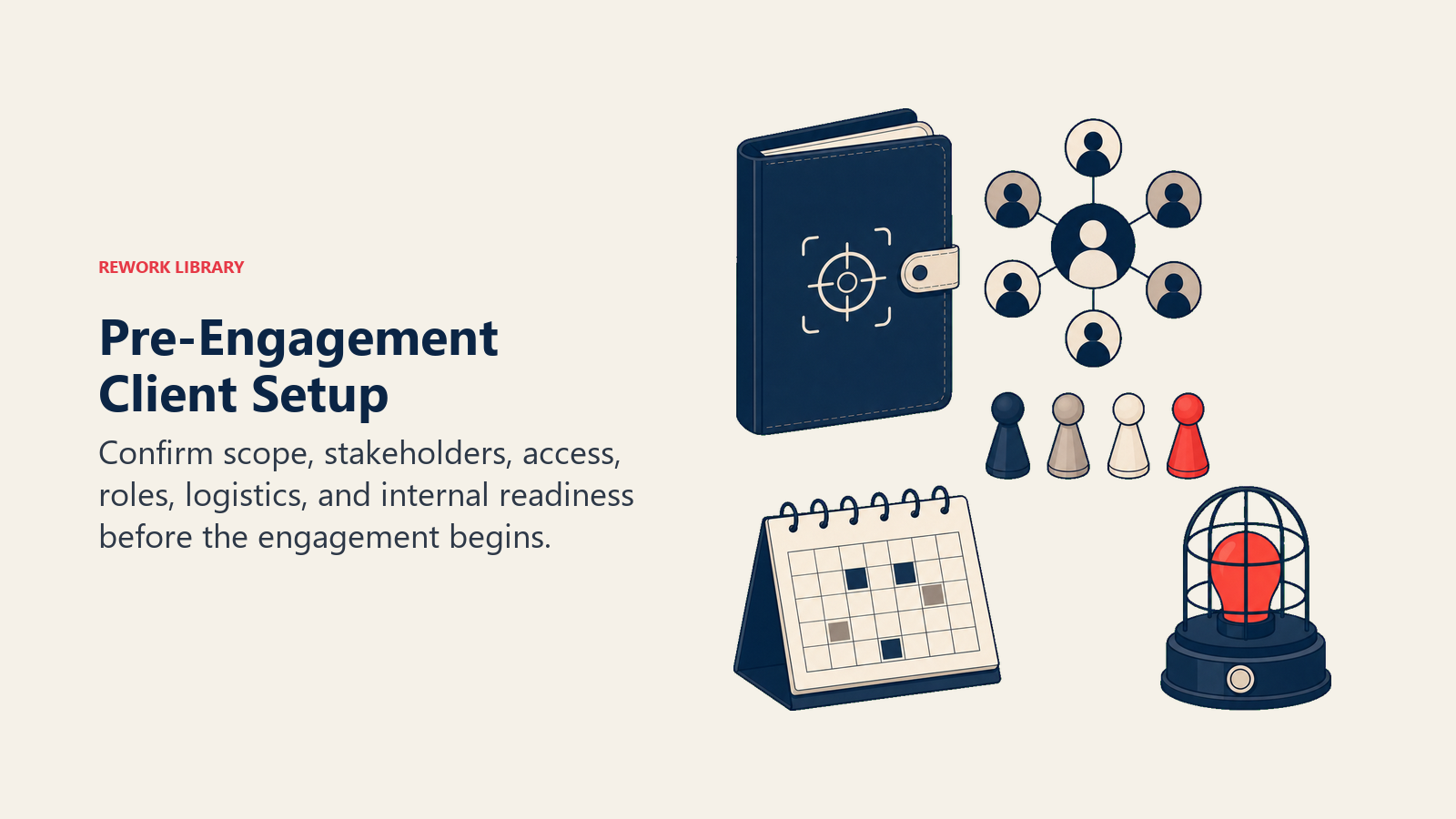 Pre-Engagement Client Setup visual showing a preflight workbench with scope folio