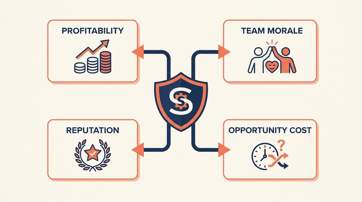 Shield graphic showing how client qualification protects profitability, team morale, reputation, and capacity from misfit engagements