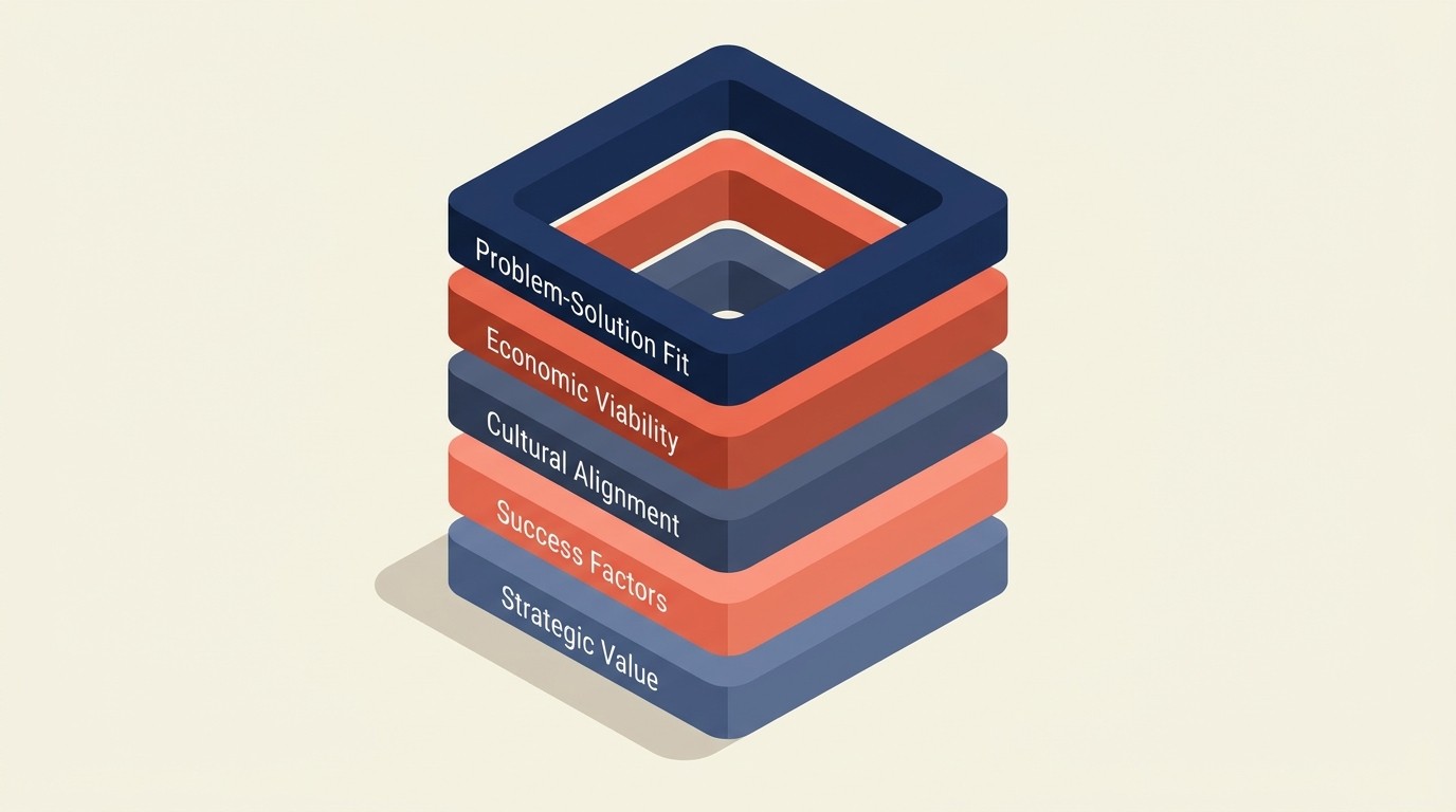 Five-dimension qualification framework showing problem-solution fit, economic viability, cultural alignment, success factors, and strategic value