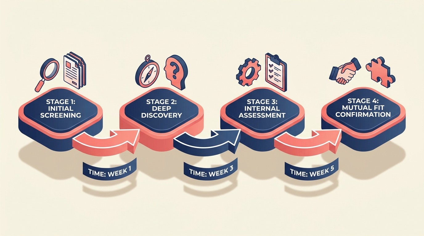 Four-stage qualification pipeline moving from initial screening through deep discovery, internal team review, and mutual fit confirmation