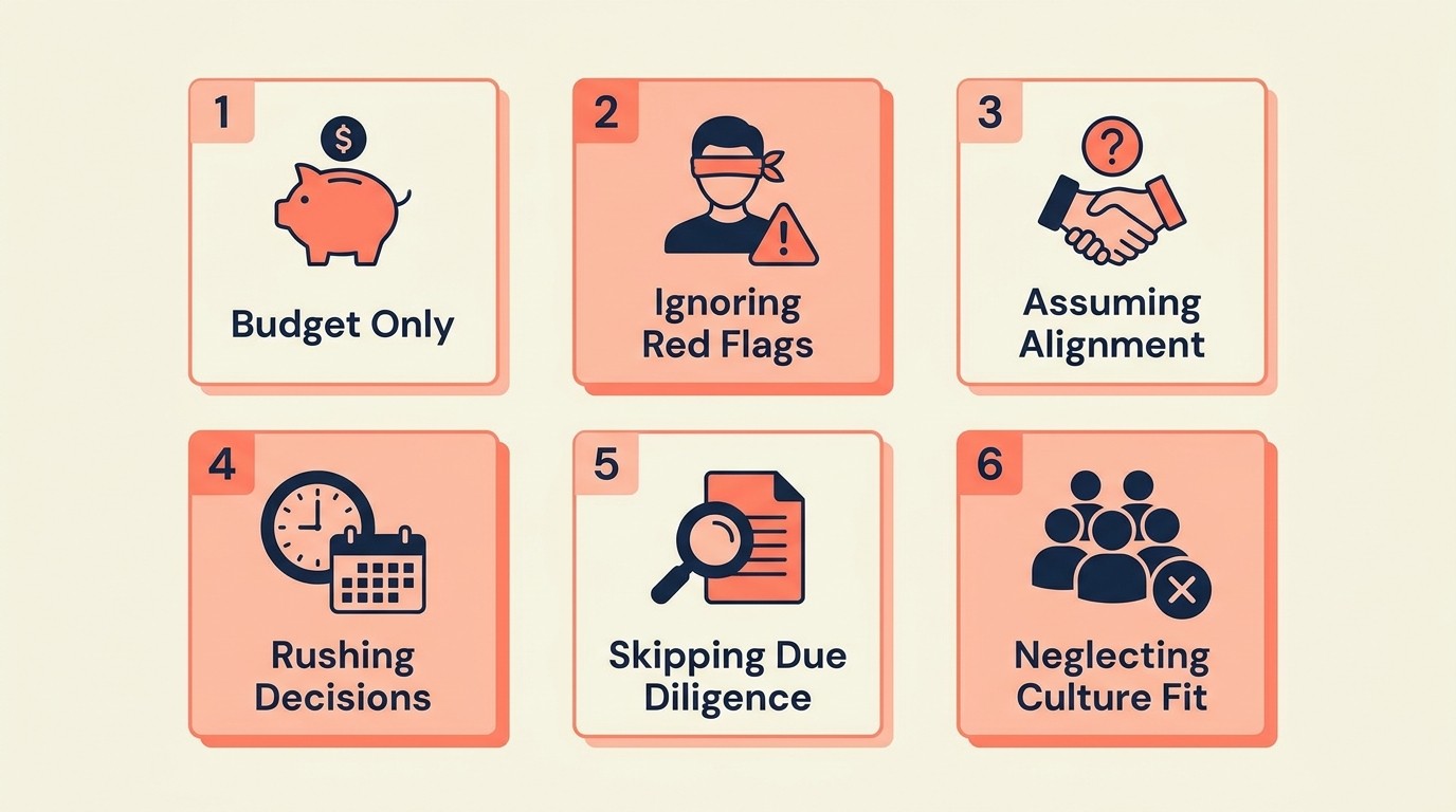 Grid of common qualification mistakes including budget-only filtering, overriding red flags, inconsistent standards, and missing delivery-to-sales feedback loops