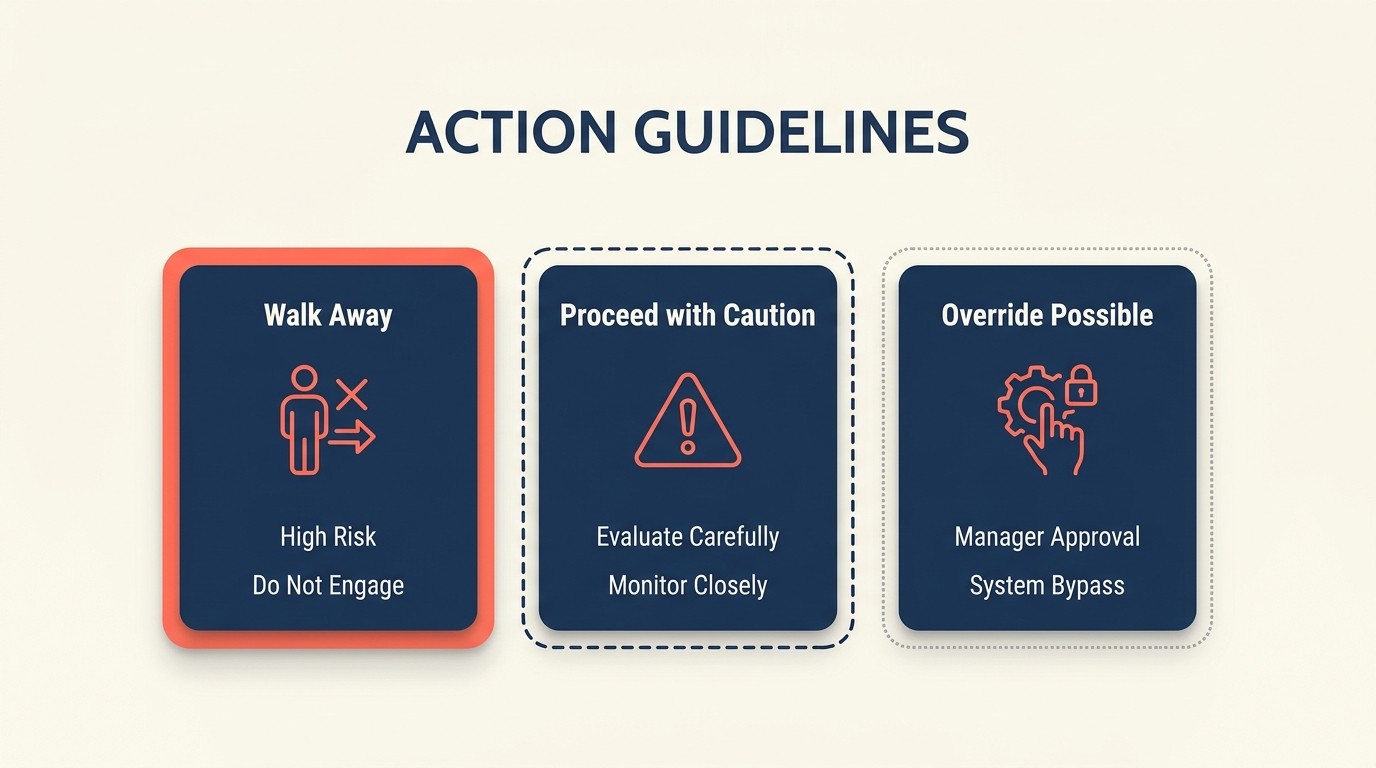 Warning signal dashboard highlighting critical red flags like unrealistic budgets, aggressive timelines, and disrespectful behavior during the sales process