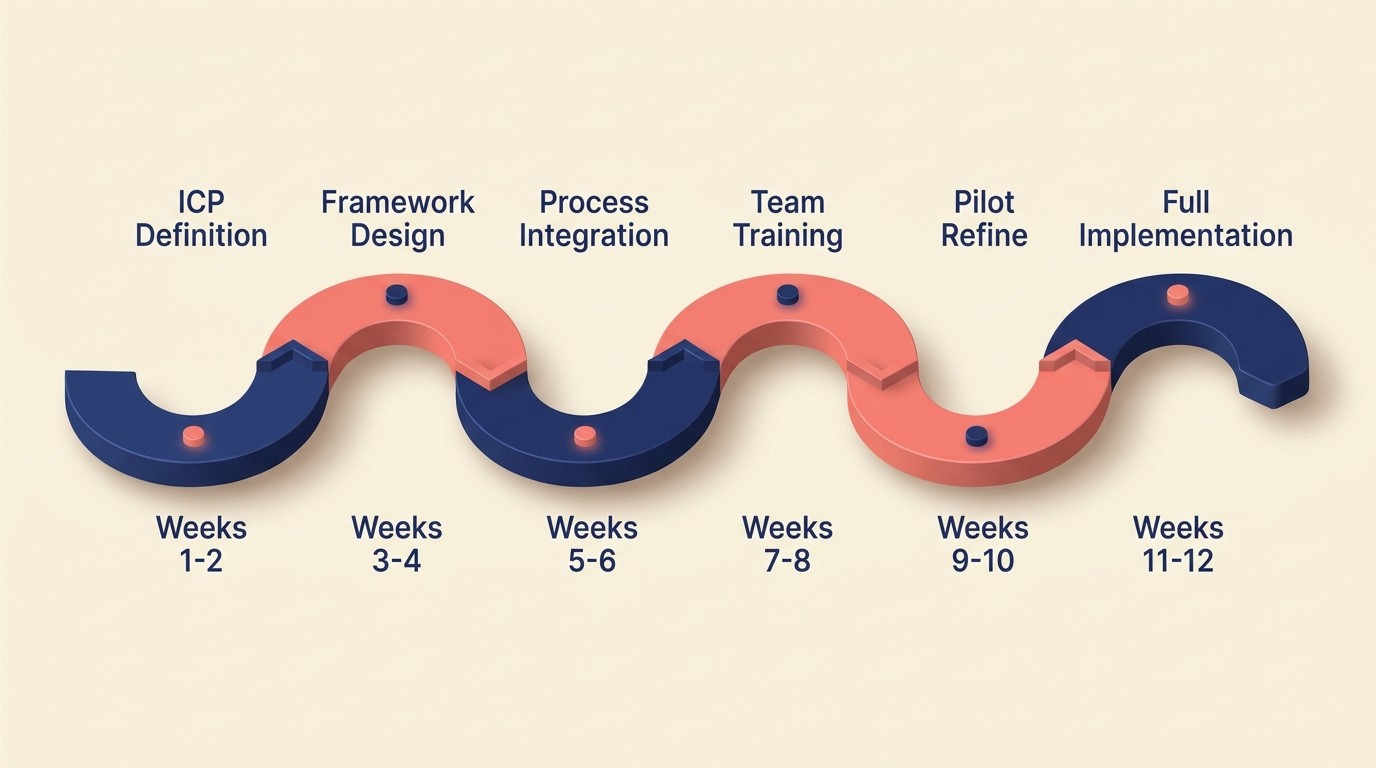 Twelve-week rollout timeline moving from ICP definition and framework design through process integration, team training, pilot, and full implementation