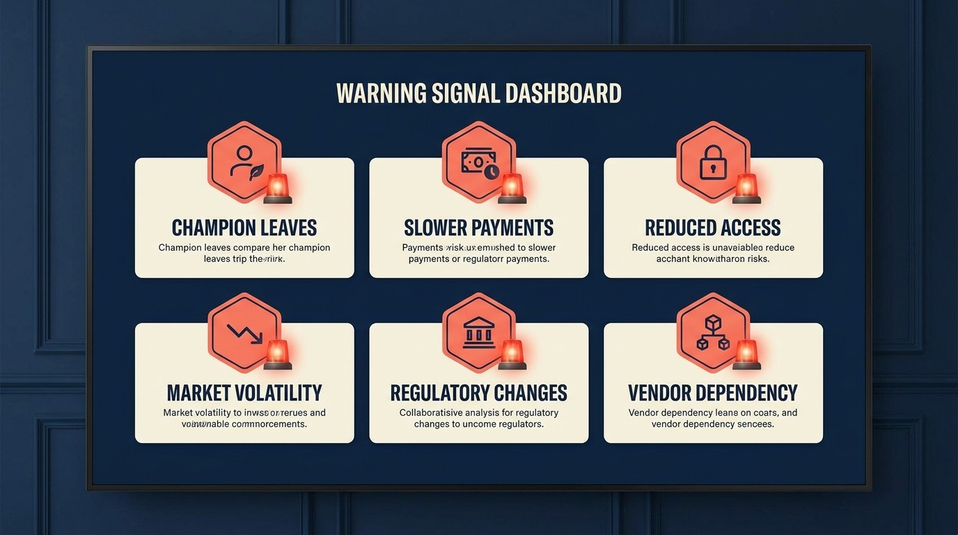 Early warning radar detecting client relationship risks including champion departures, budget pressure, competitive threats, and declining stakeholder responsiveness