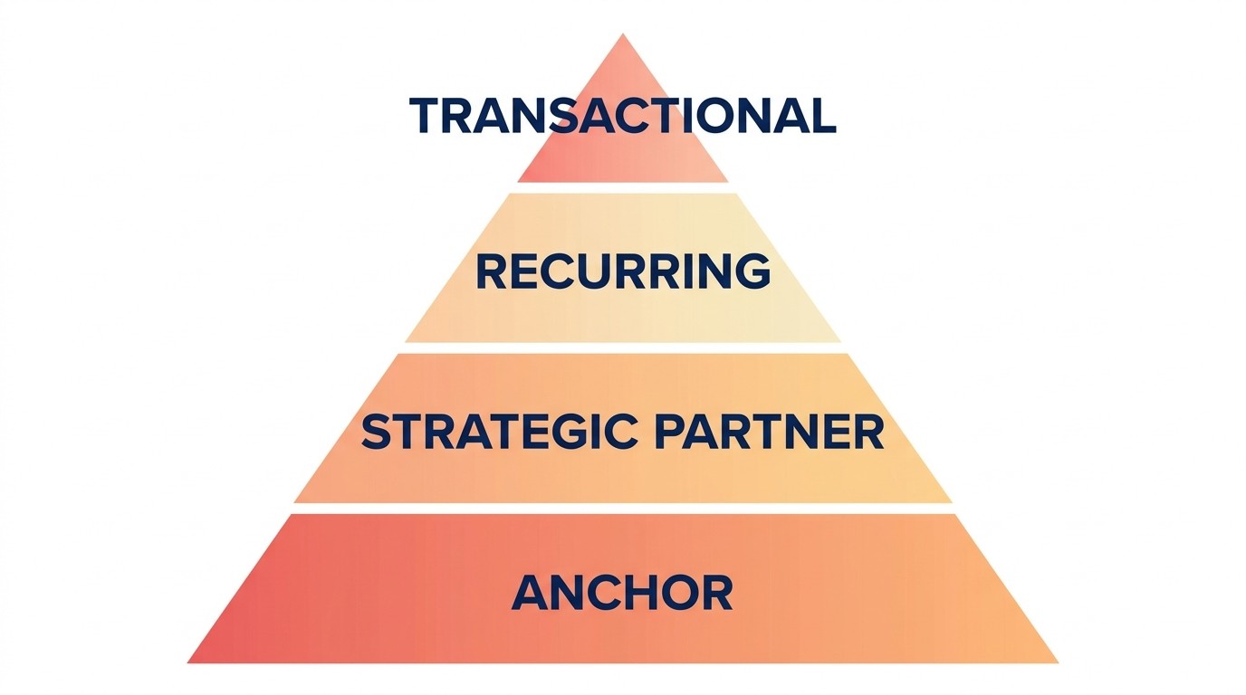 Four-tier client relationship framework segmenting accounts from transactional projects to anchor partnerships by strategic value and revenue potential