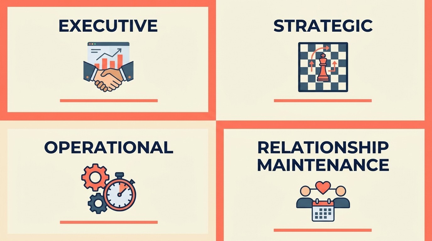 Strategic touchpoint calendar mapping executive reviews, operational check-ins, thought leadership shares, and relationship maintenance across client tiers