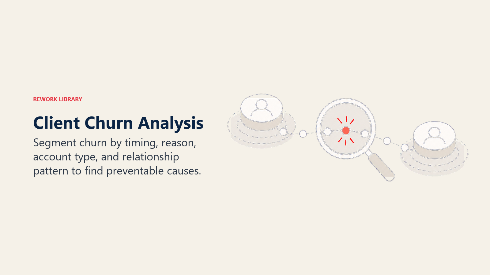 Client Churn Analysis illustrated by a forensic lens over separated client footprints, revealing one coral break point in an otherwise orderly relationship path