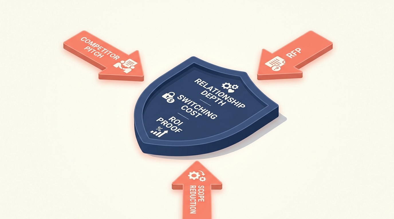 Competitive defense playbook showing threat signals, positioning moves, and executive engagement tactics for protecting incumbent client accounts
