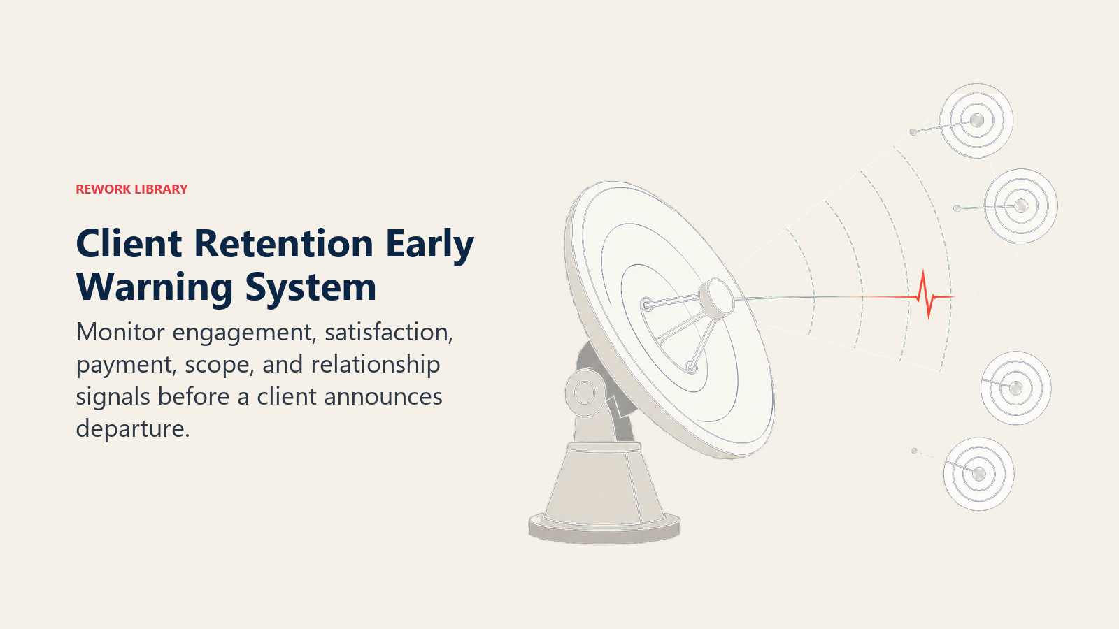 Client Retention Early Warning System illustrated by a calm radar dish scanning five client signal rings with one coral risk pulse detected early