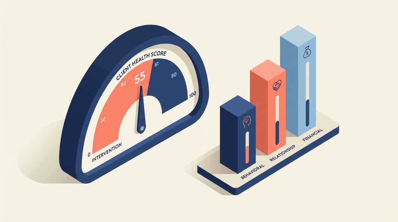 Client health score dashboard tracking engagement, relationship depth, financial signals, and satisfaction with intervention thresholds