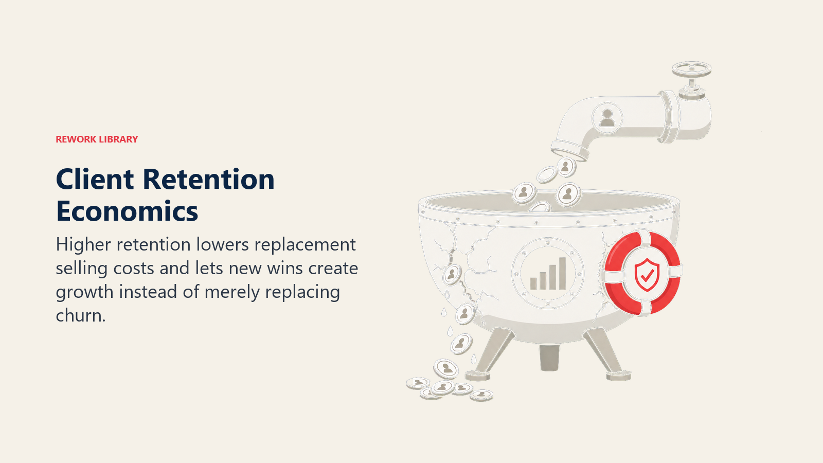 Client Retention Economics illustrated by a leaky revenue vessel being repaired by a retention seal while acquisition coins stop spilling from a costly refill pipe