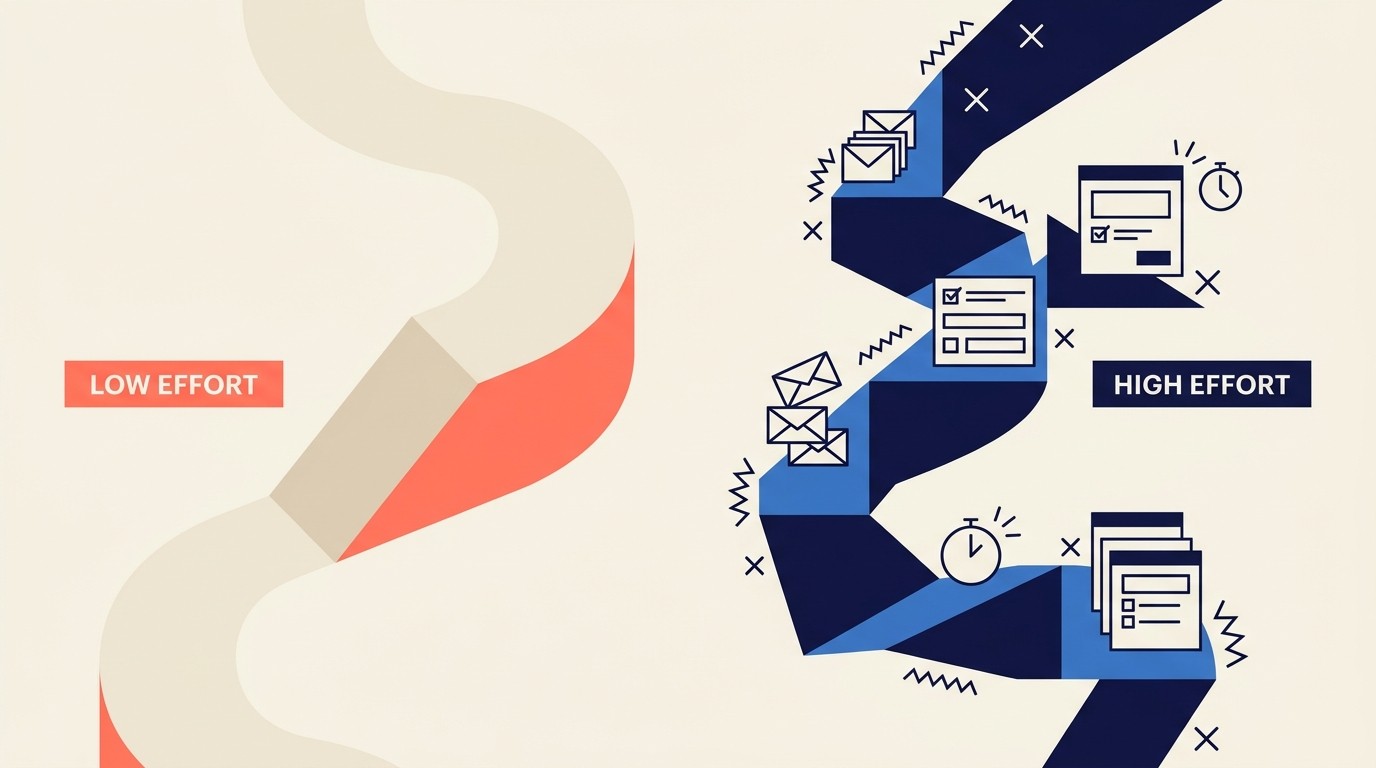 Customer Effort Score meter showing friction points across scheduling, responses, revisions, and onboarding in client engagement