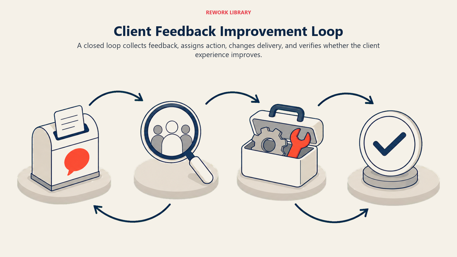 Client Feedback Improvement Loop illustrated by a wide four-stage loop from feedback capture to ownership, service change, and verification