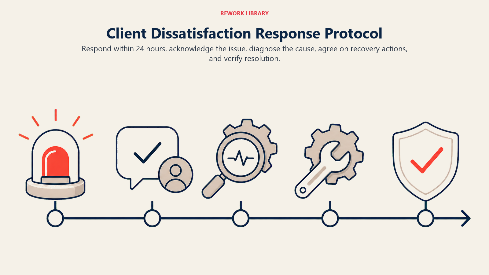 Client Dissatisfaction Response Protocol illustrated by a wide recovery timeline moving from alert to acknowledgement, diagnosis, action, and confirmed resolution