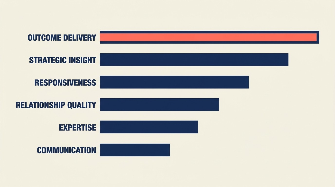 Correlation analysis ranking satisfaction drivers from outcome delivery and strategic insight to relationship quality