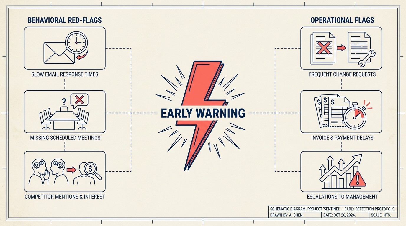 Early warning system dashboard surfacing behavioral red flags and operational indicators before client dissatisfaction escalates
