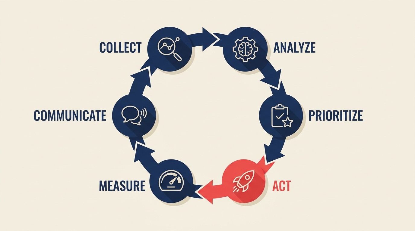 Closed-loop improvement cycle showing collect, analyze, prioritize, act, measure, and communicate stages for satisfaction data