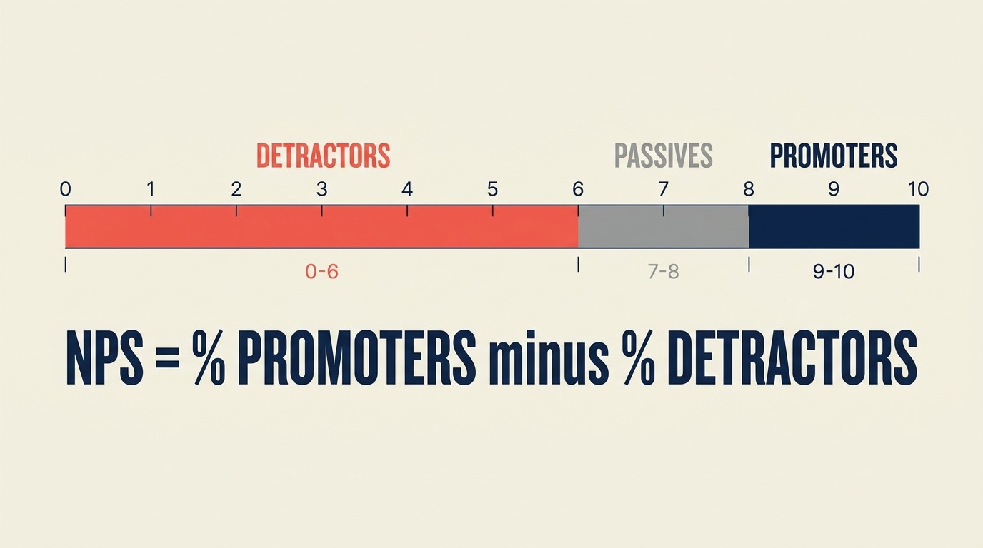 NPS methodology visual showing promoters, passives, and detractors segmentation with 0-10 scale calculation