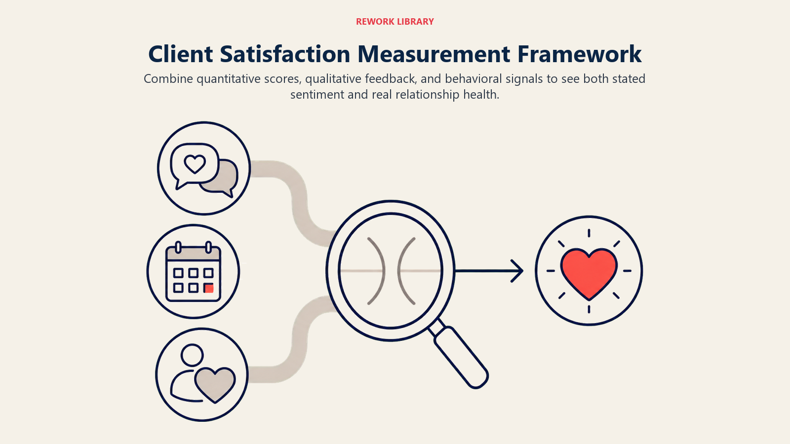 Client Satisfaction Measurement Framework illustrated by three evidence streams flowing through a shared diagnostic lens into one clear relationship-health signal