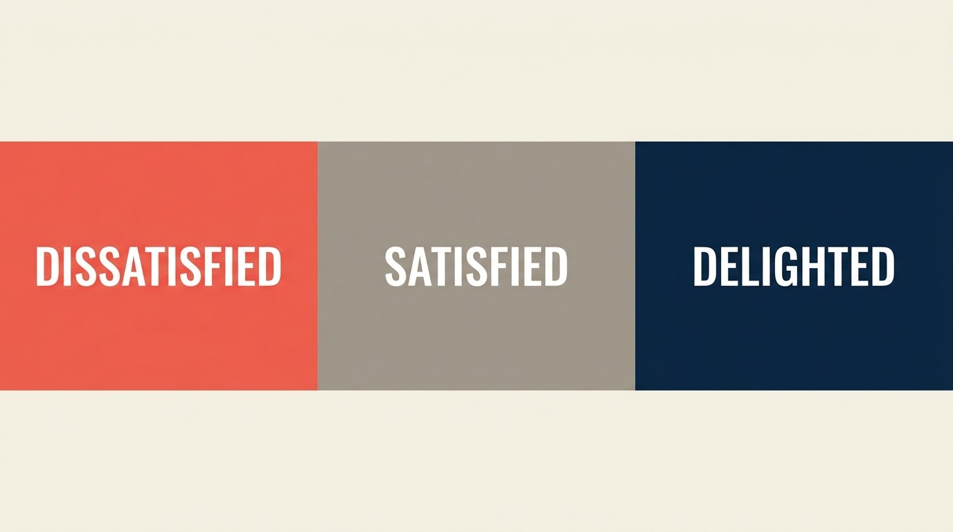 Three-state client satisfaction spectrum showing dissatisfied, satisfied, and delighted zones with retention risk levels
