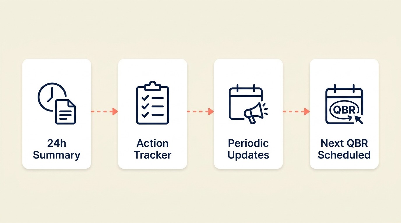 Post-QBR follow-up workflow tracking action items, commitments, ongoing communications, and scheduling the next review