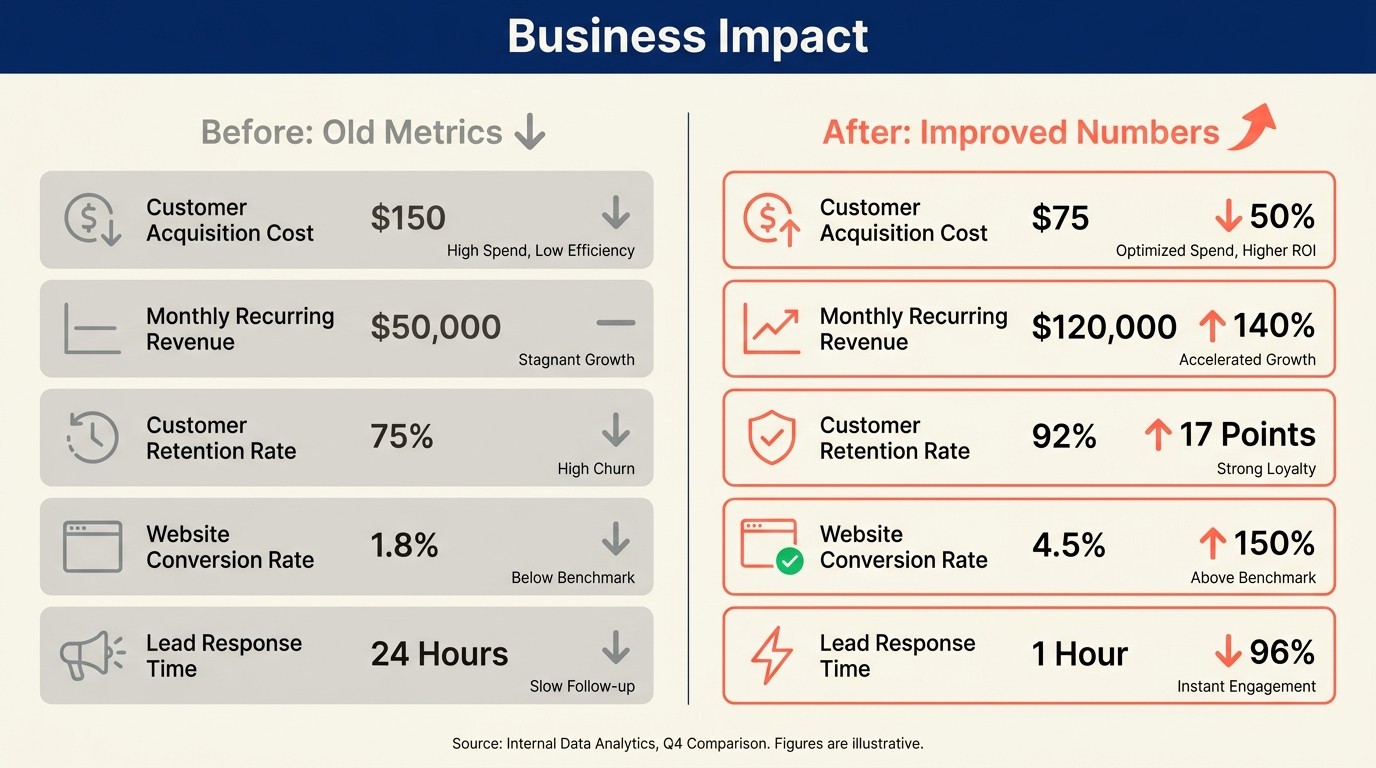 Value demonstration methods showing quantified business impact, before/after comparisons, benchmarking, and client testimonials