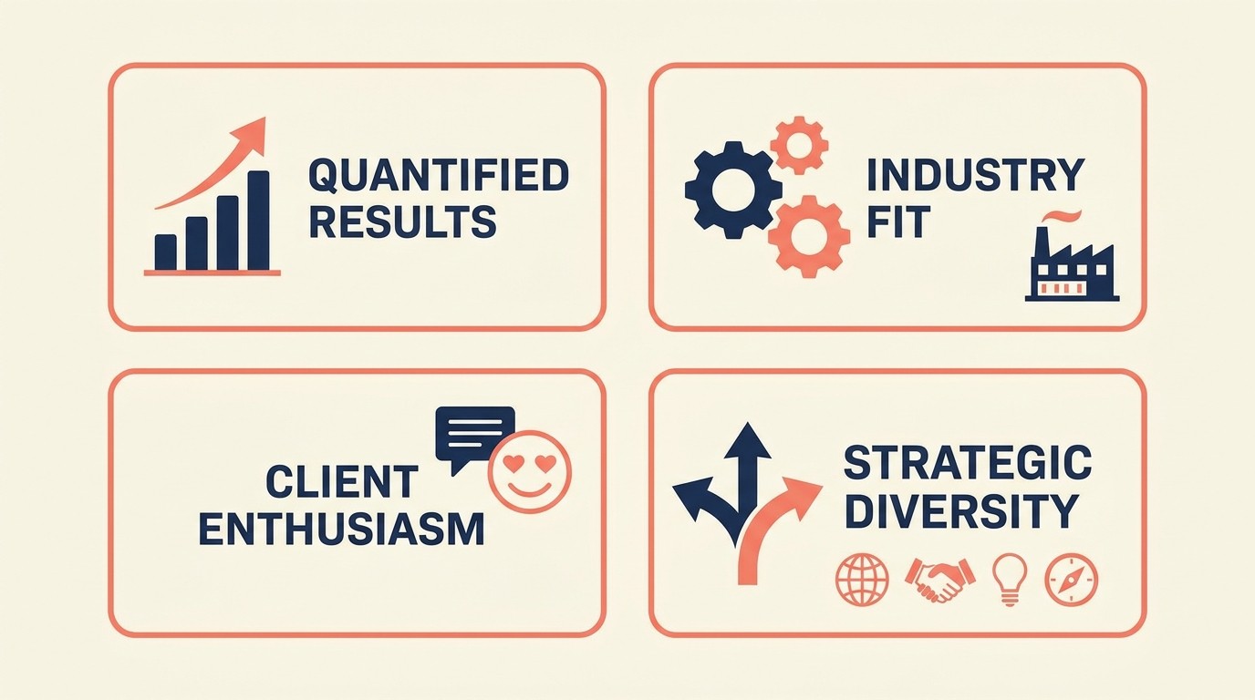 Criteria for selecting case study candidates: quantifiable results, target market fit, client enthusiasm, and strategic diversity across industries and services