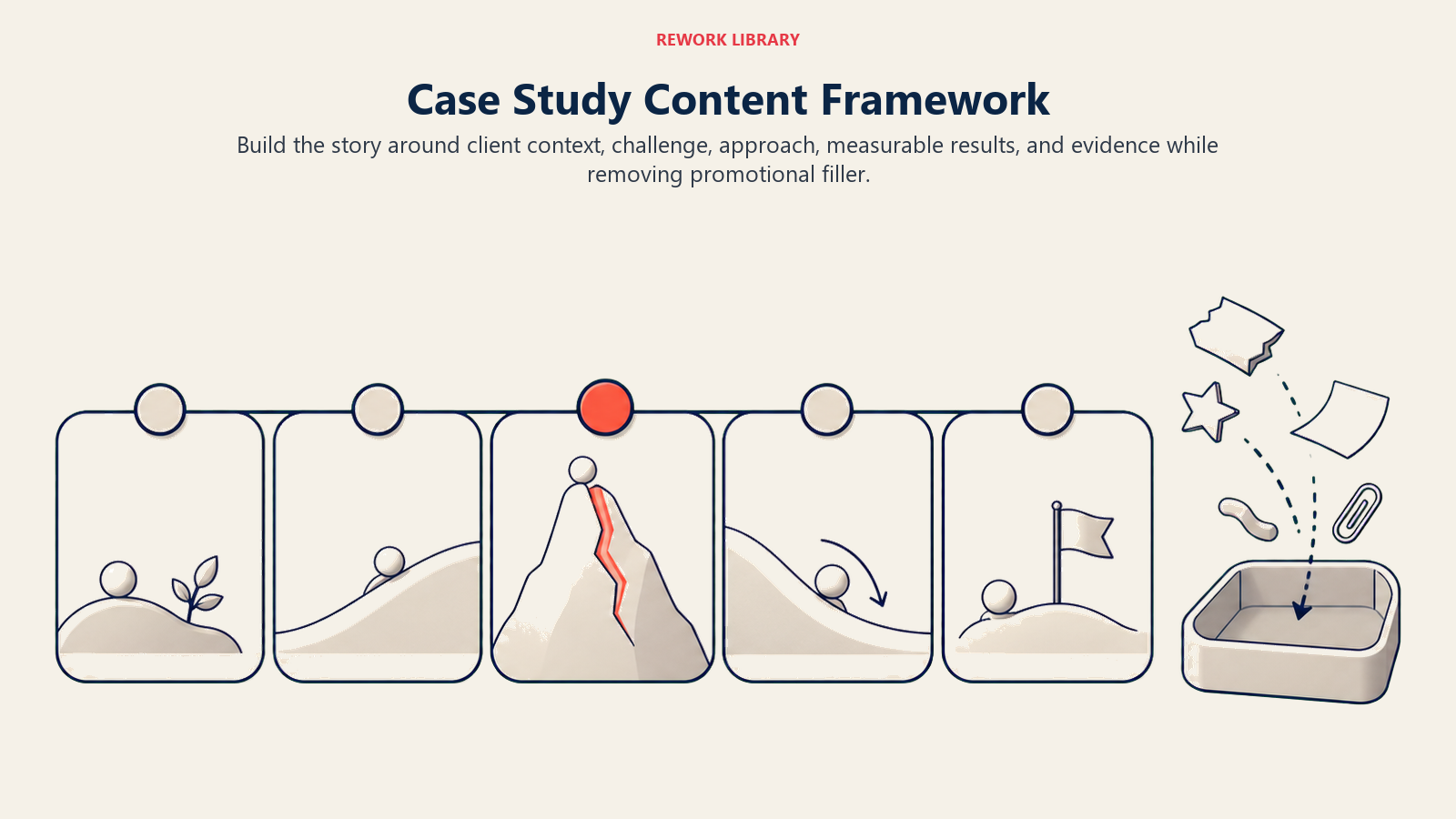 Case Study Content Framework illustrated by a wide story architecture with five essential beats and a discard tray for promotional clutter