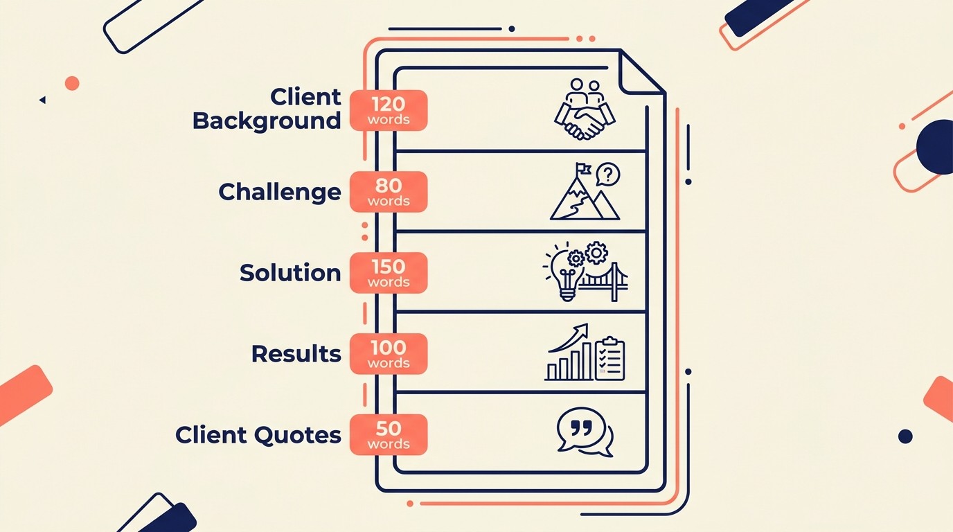 Case study content framework showing client background, business challenge, solution approach, results, quotes, and lessons learned sections