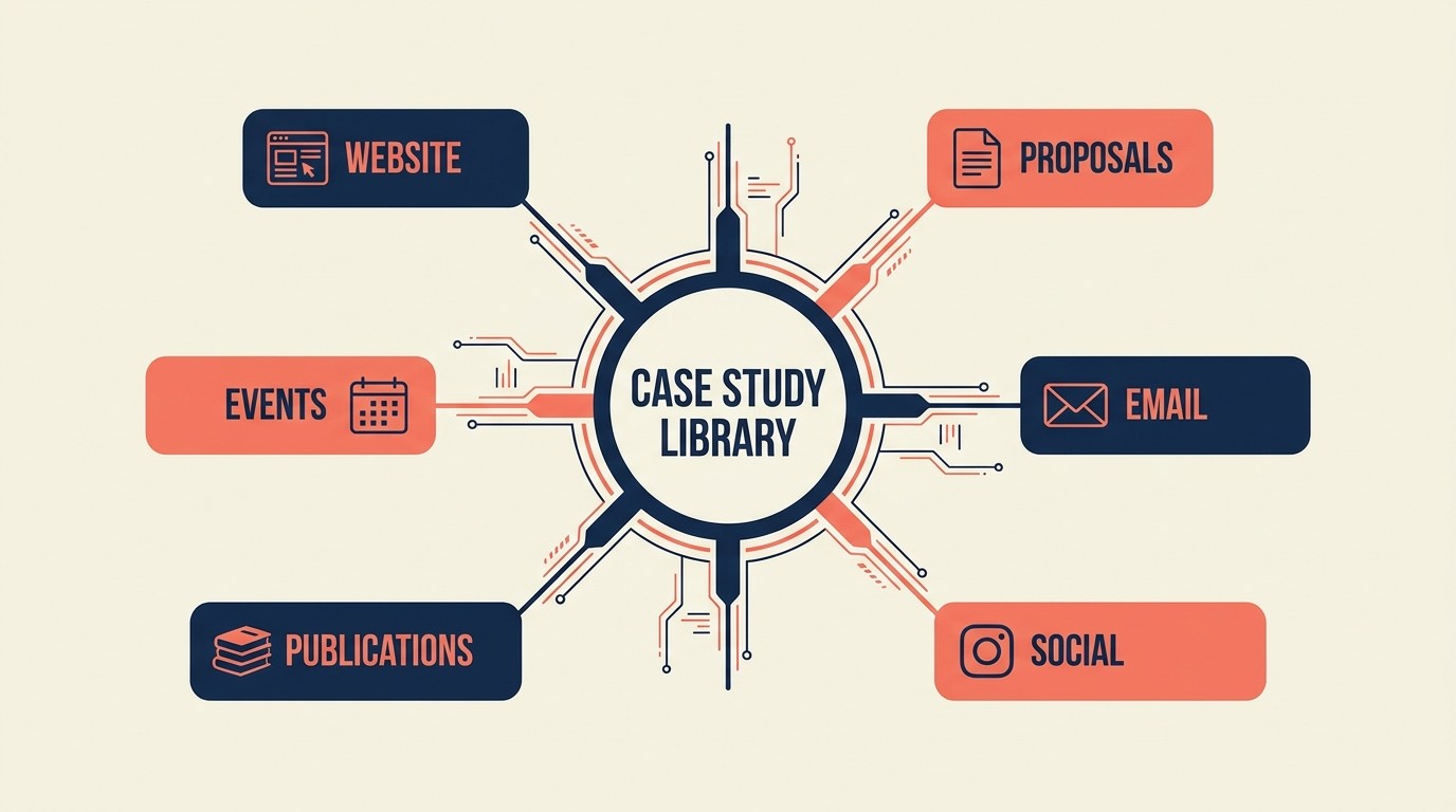 Case study distribution channels including website library, sales collateral, email campaigns, social media, industry publications, and conference materials