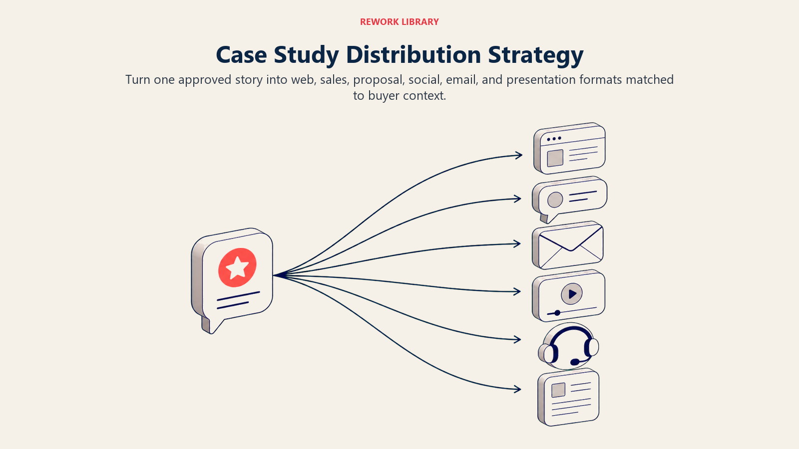 Case Study Distribution Strategy illustrated by a wide distribution fan carrying one proof story into six distinct buyer touchpoints
