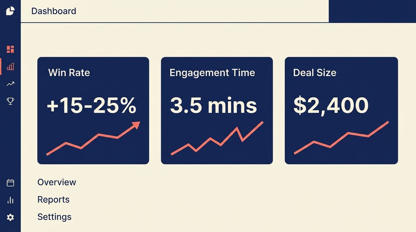 Case study measurement metrics dashboard showing usage data, conversion impact, lead quality indicators, and sales cycle influence