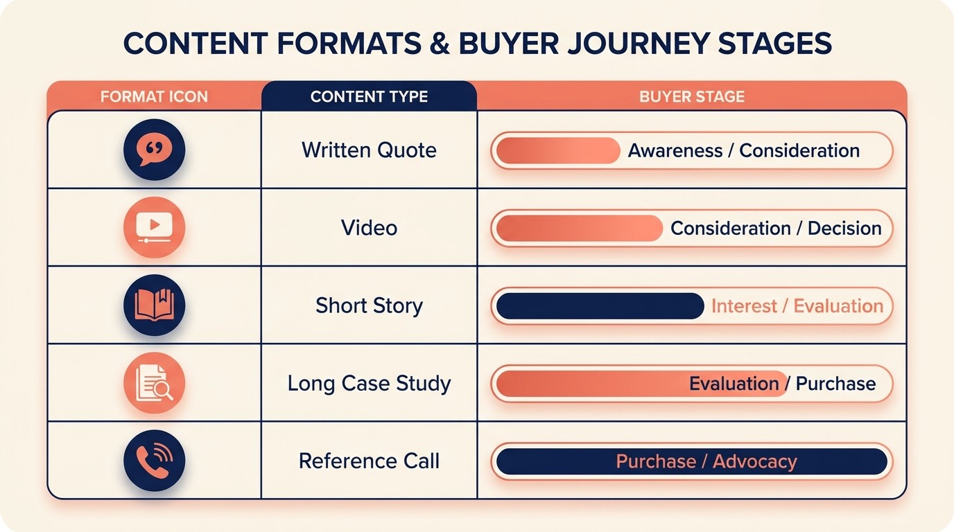 Six types of social proof formats: written testimonials, video testimonials, short-form stories, long-form case studies, client references, and online reviews