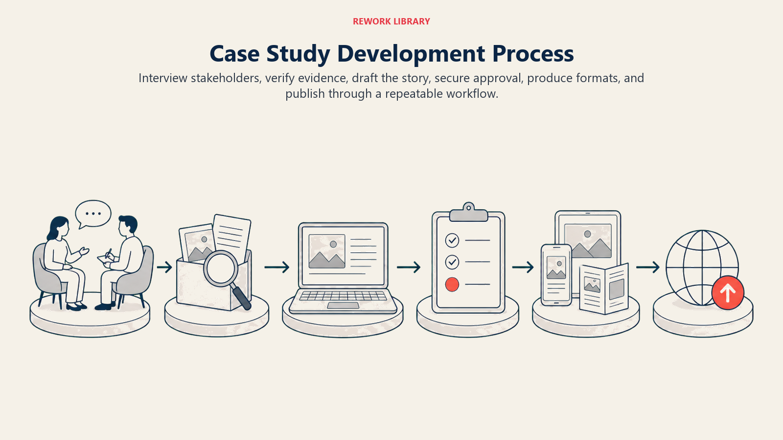 Case Study Development Process illustrated by a wide six-stage production flow from interview and evidence to drafting, approval, format, and publication