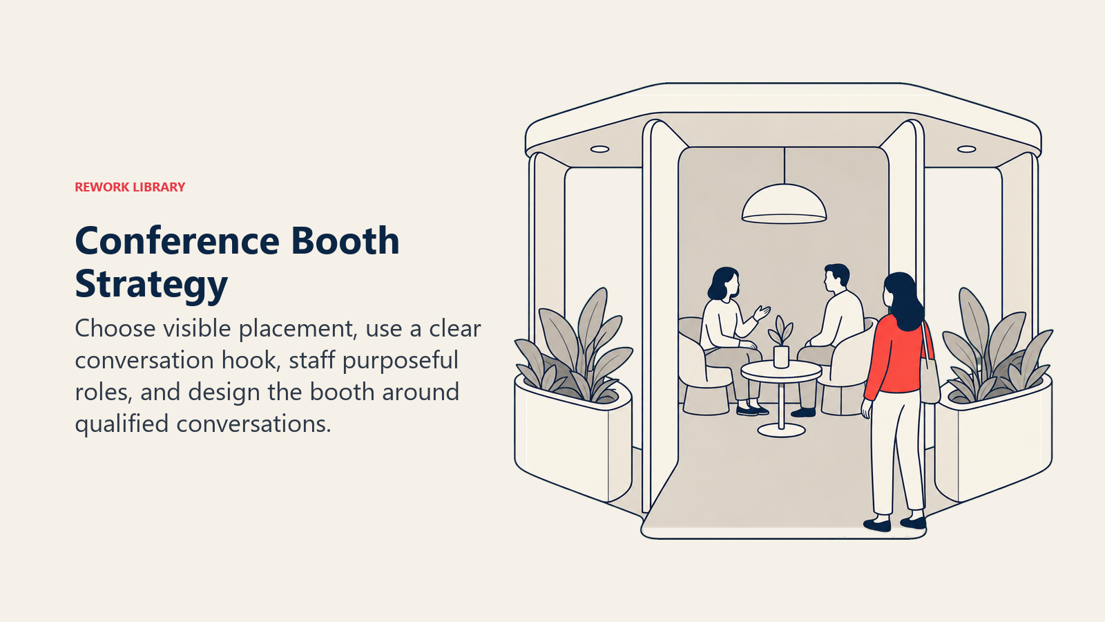 Conference Booth Strategy illustrated by a booth as an open relationship hub with clear approach lanes, a conversation focal point, and one coral qualified visitor
