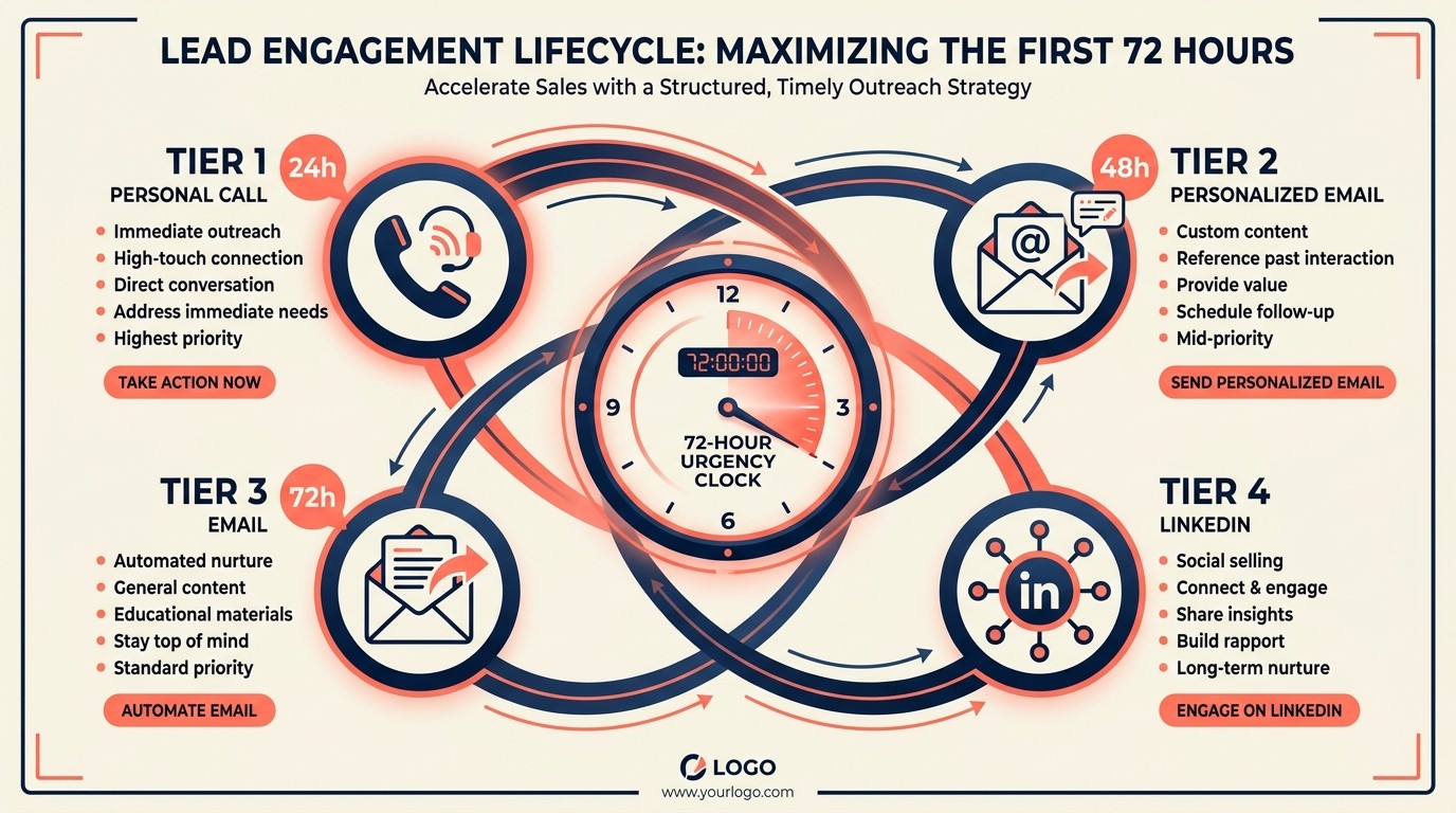 Post-event follow-up window showing tiered lead categorization and personalized outreach sequencing