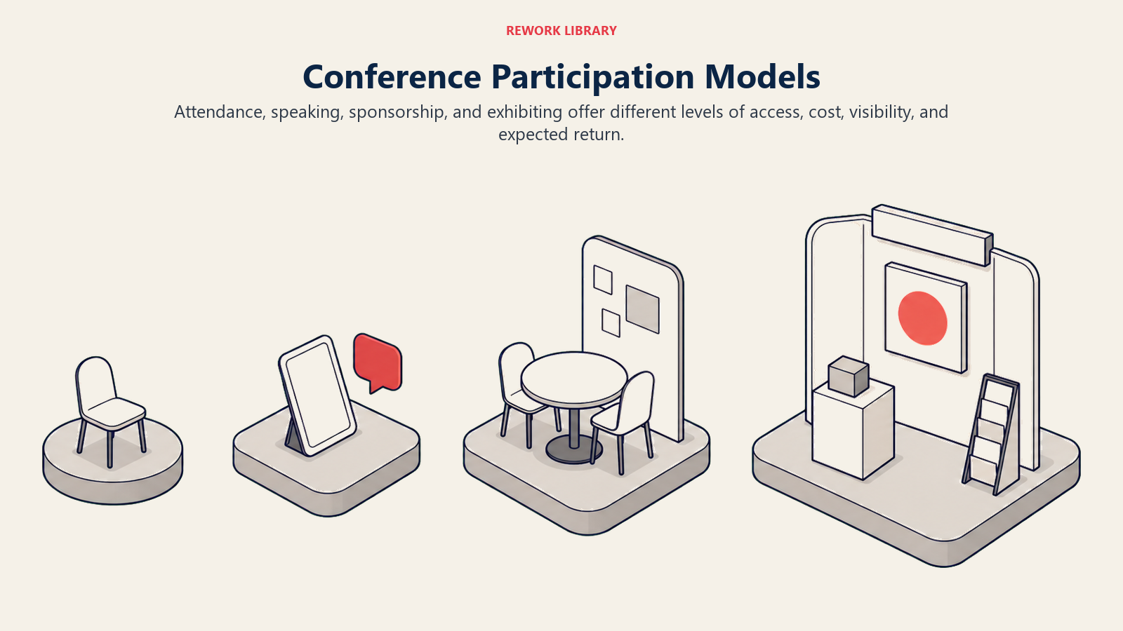 Conference Participation Models illustrated by four distinct participation platforms arranged from low-cost attendance to high-commitment exhibition