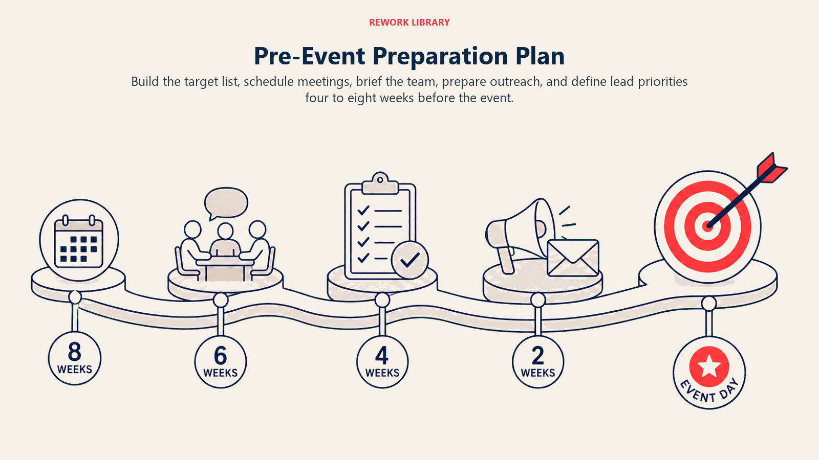 Pre-Event Preparation Plan illustrated by a wide countdown path from eight weeks to event day with target, meeting, briefing, and outreach milestones