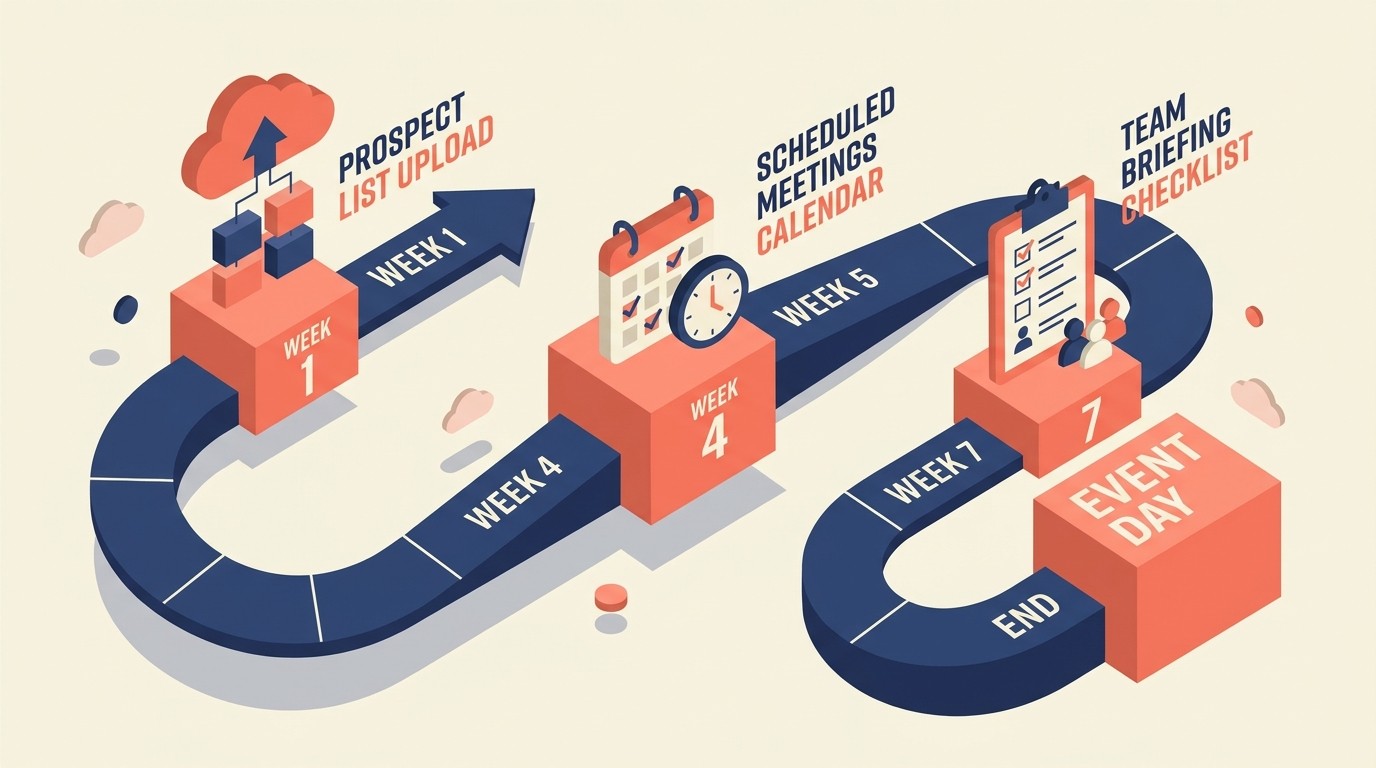 Pre-event preparation timeline covering target identification, meeting scheduling, and team briefing