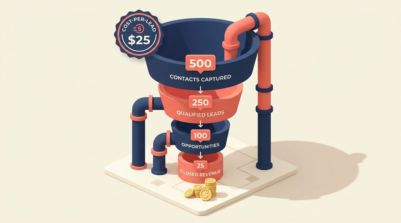 Event ROI measurement framework tracking lead quality, cost per lead, and long-term pipeline attribution