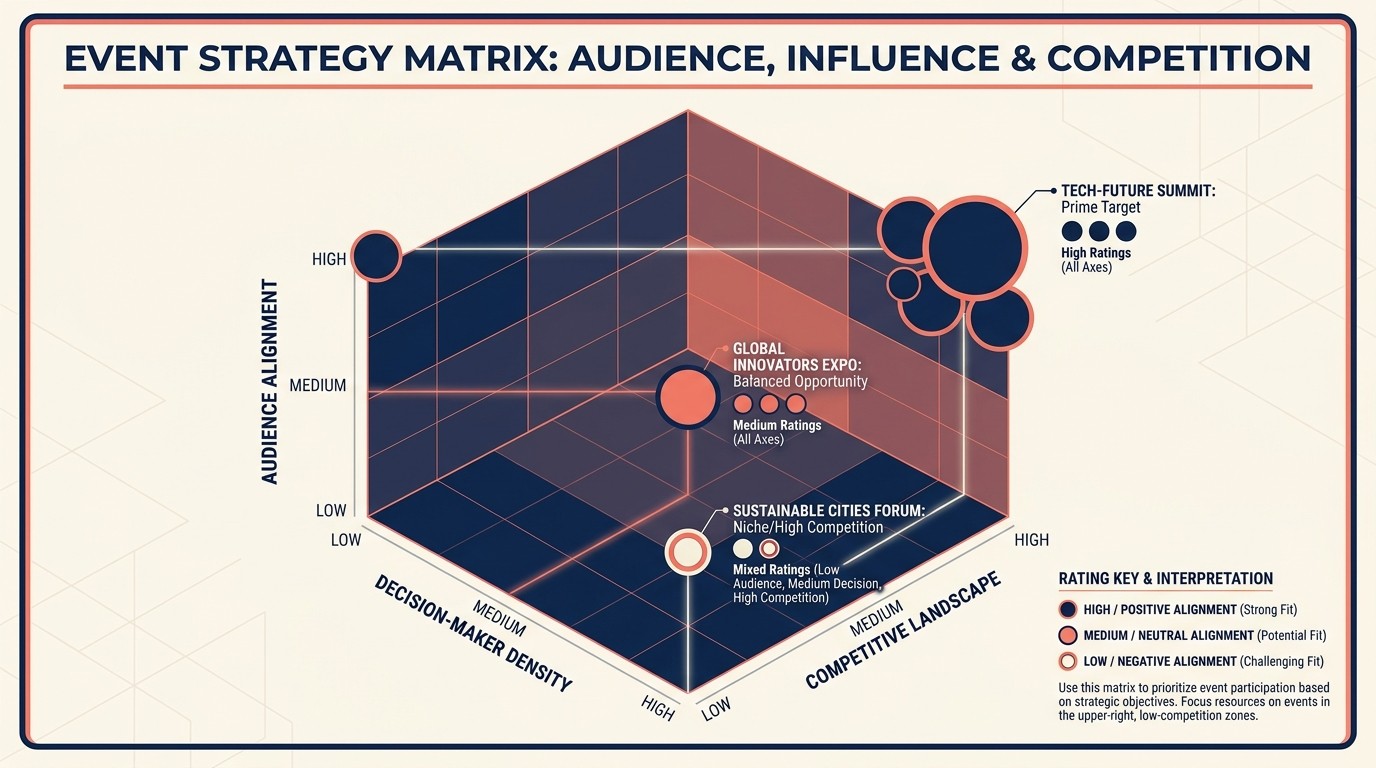 Framework for evaluating conferences across audience alignment, decision-maker density, and competitive landscape
