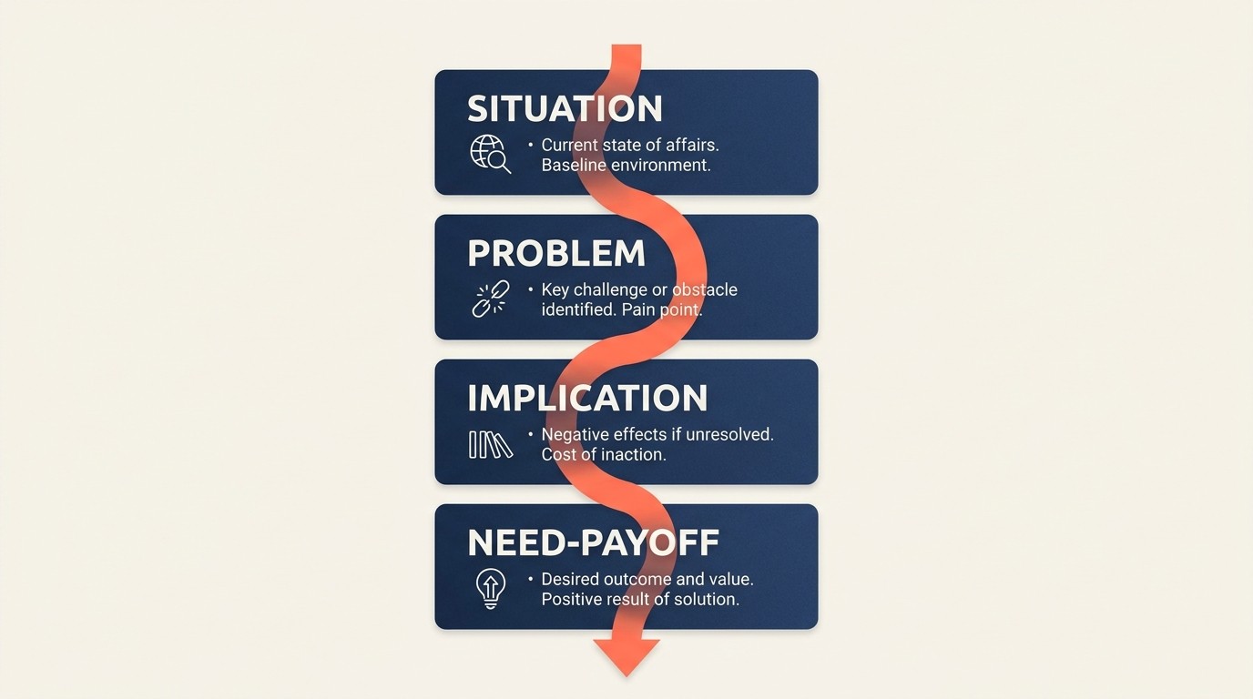 Strategic discovery questions flowing from situation to problem to implication to need-payoff