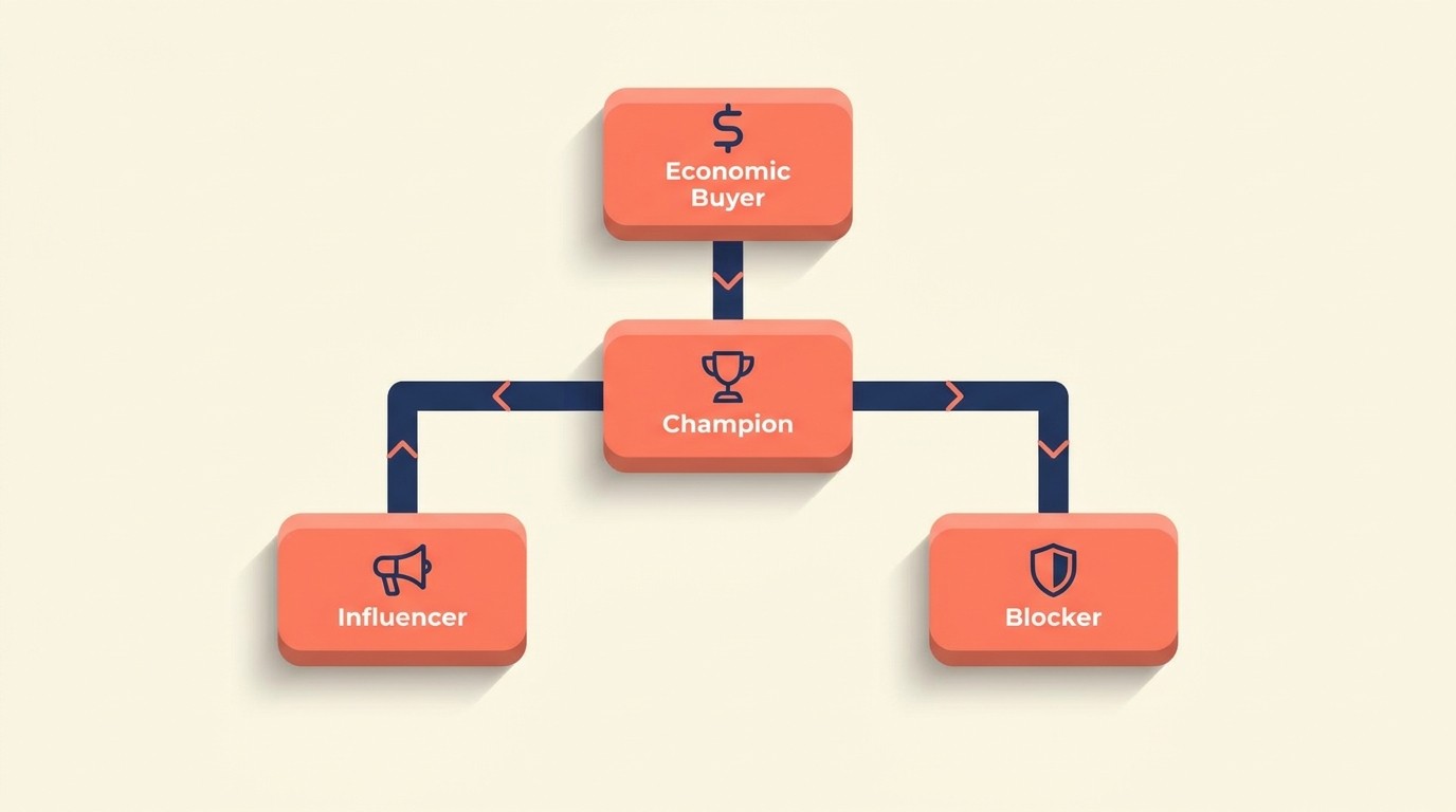Stakeholder map showing economic buyers, champions, influencers, and blockers in a B2B buying committee
