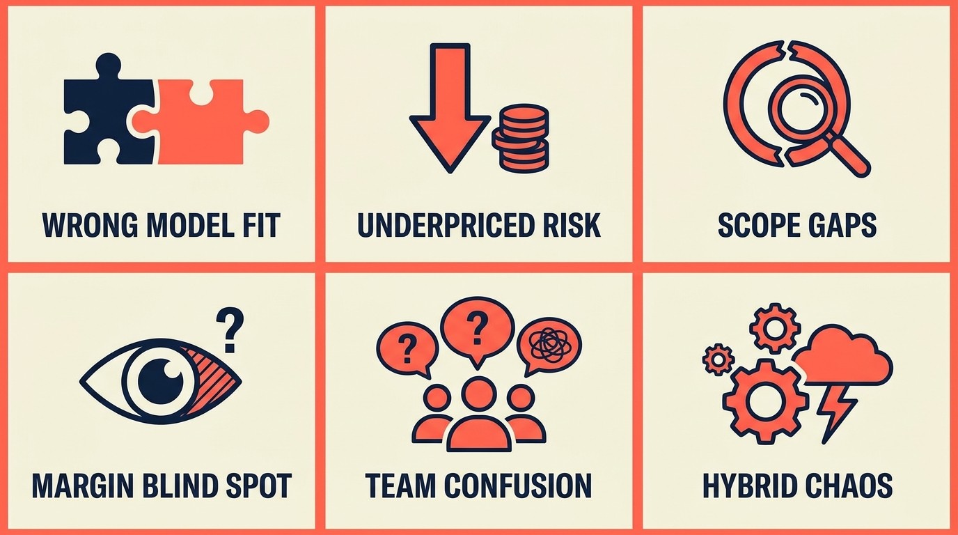 Common engagement model pitfalls including wrong-model fit, mispriced risk, and scope misalignment