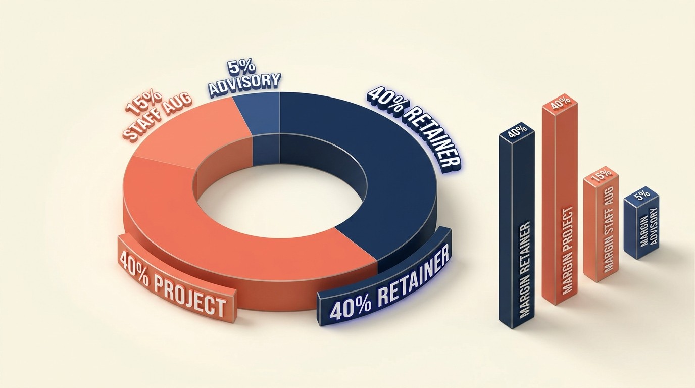 Balanced consulting portfolio mixing retainer, project, staff aug, and advisory revenue streams