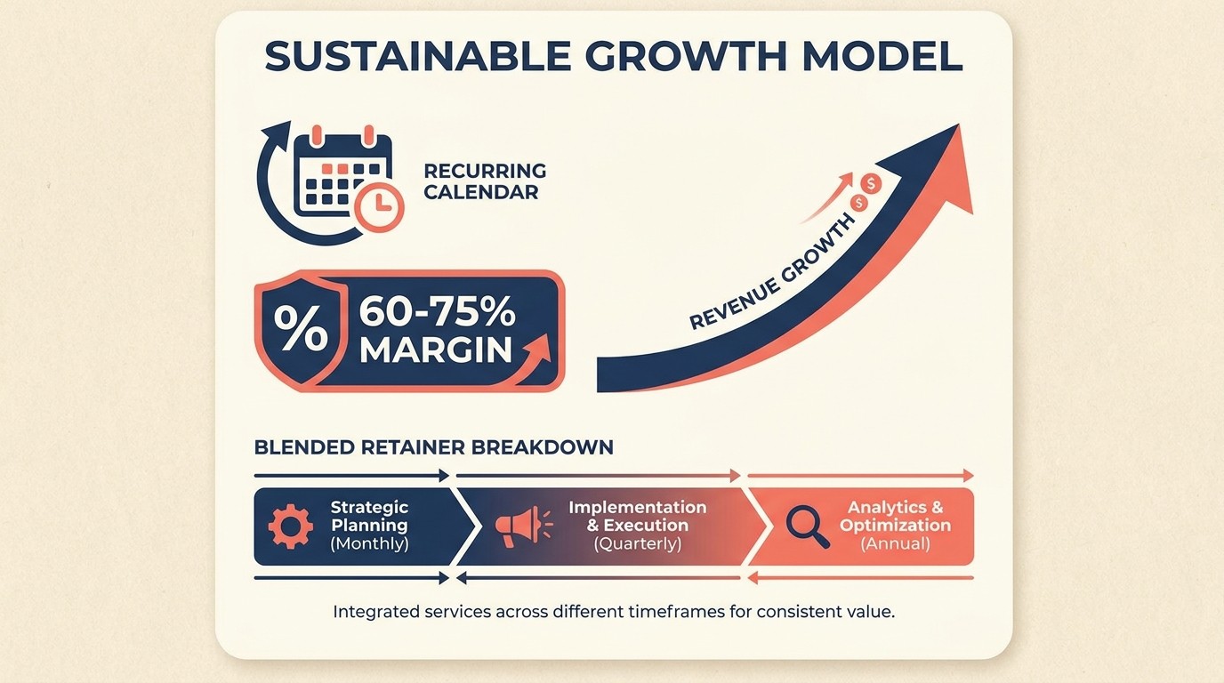 Retainer engagement structure showing 60-75 percent margins and recurring monthly revenue model